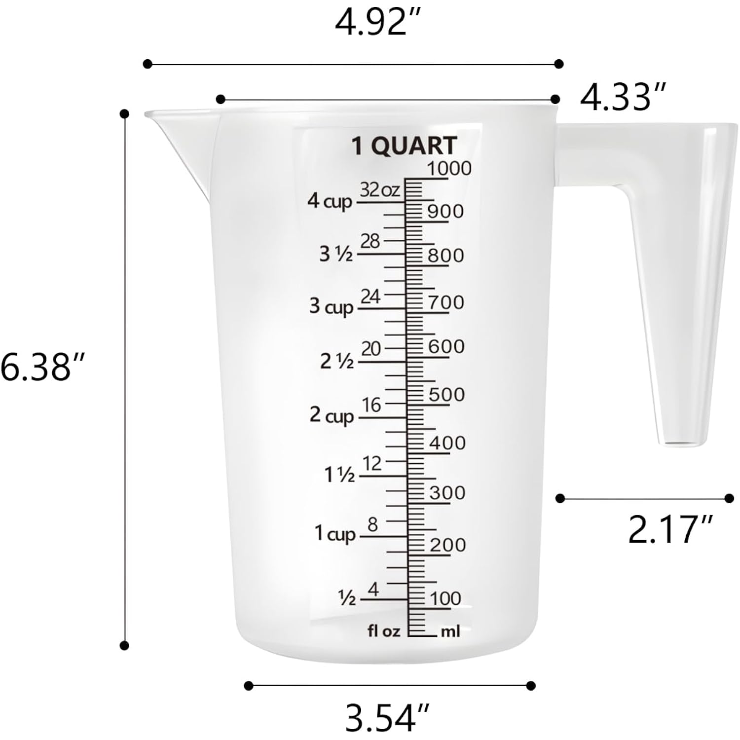 Plastic Measuring Cup With Handle, Pool Chemical Measuring Cup, Plastic Measuring Pitcher For Liquid Mixing, Pouring, Lawn Care, Pet Food, Motor Oil, Laboratory And More (32, Fluid Ounces, 1000Ml)