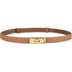 Women's Skinny Leather Belt with Adjustable Silver Turn-Lock Buckle - Ideal for Dresses, Jeans, and Coats, Black