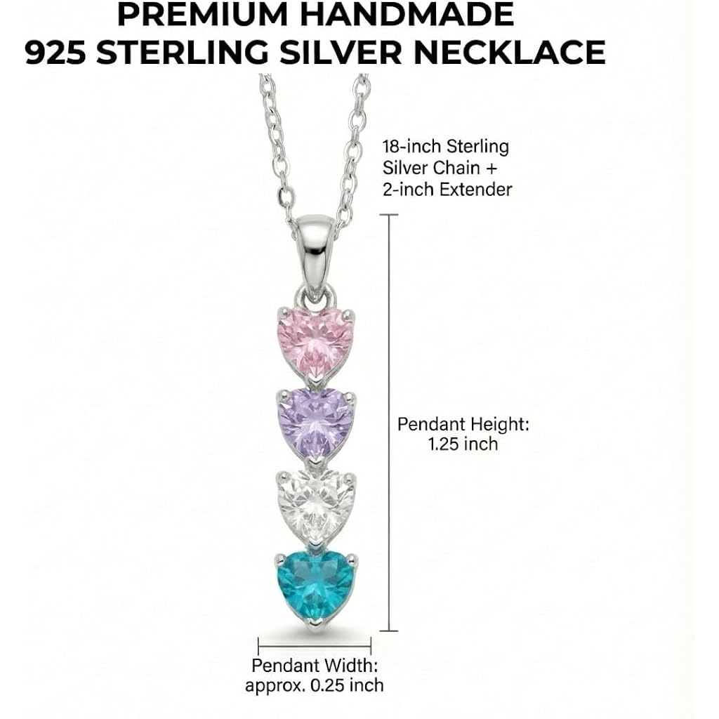PaulaMax Jewelry Custom Birthstone Necklace for Women in 925 Sterling Silver, Mother's Day Necklace with 1 2 3 4 Heart Birthstones, Personalized and Customized Sterling Silver Chain 18" + 2"