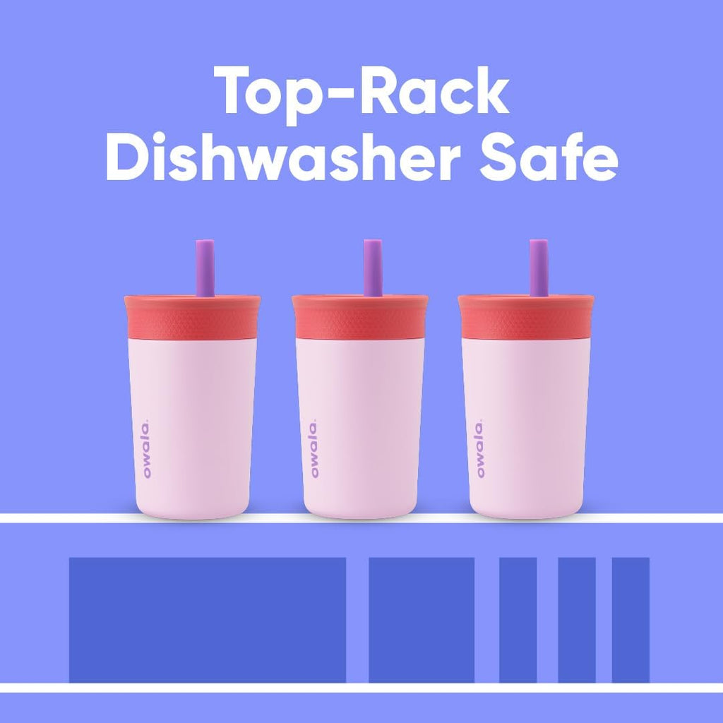 Owala Kids Insulation Stainless Steel Tumbler With Spill Resistant Flexible Straw, Easy To Clean, Kids Water Bottle, Great For Travel, Dishwasher Safe, 12 Oz, Pink And Purple (Lilac Rocket)