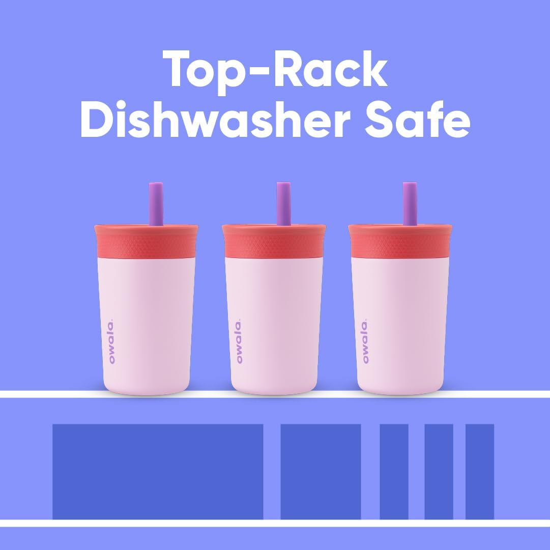 Owala Kids Insulation Stainless Steel Tumbler With Spill Resistant Flexible Straw, Easy To Clean, Kids Water Bottle, Great For Travel, Dishwasher Safe, 12 Oz, Pink And Purple (Lilac Rocket)