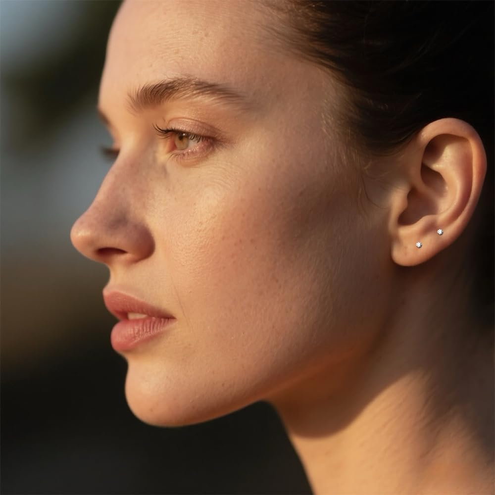 10 Pairs Small Stud Earrings for Women Precision-Cut Cubic Zirconia Earrings for Sensitive Ears Hypoallergenic Surgical Stainless Steel Tiny Stack Earrings for Multiple Piercing