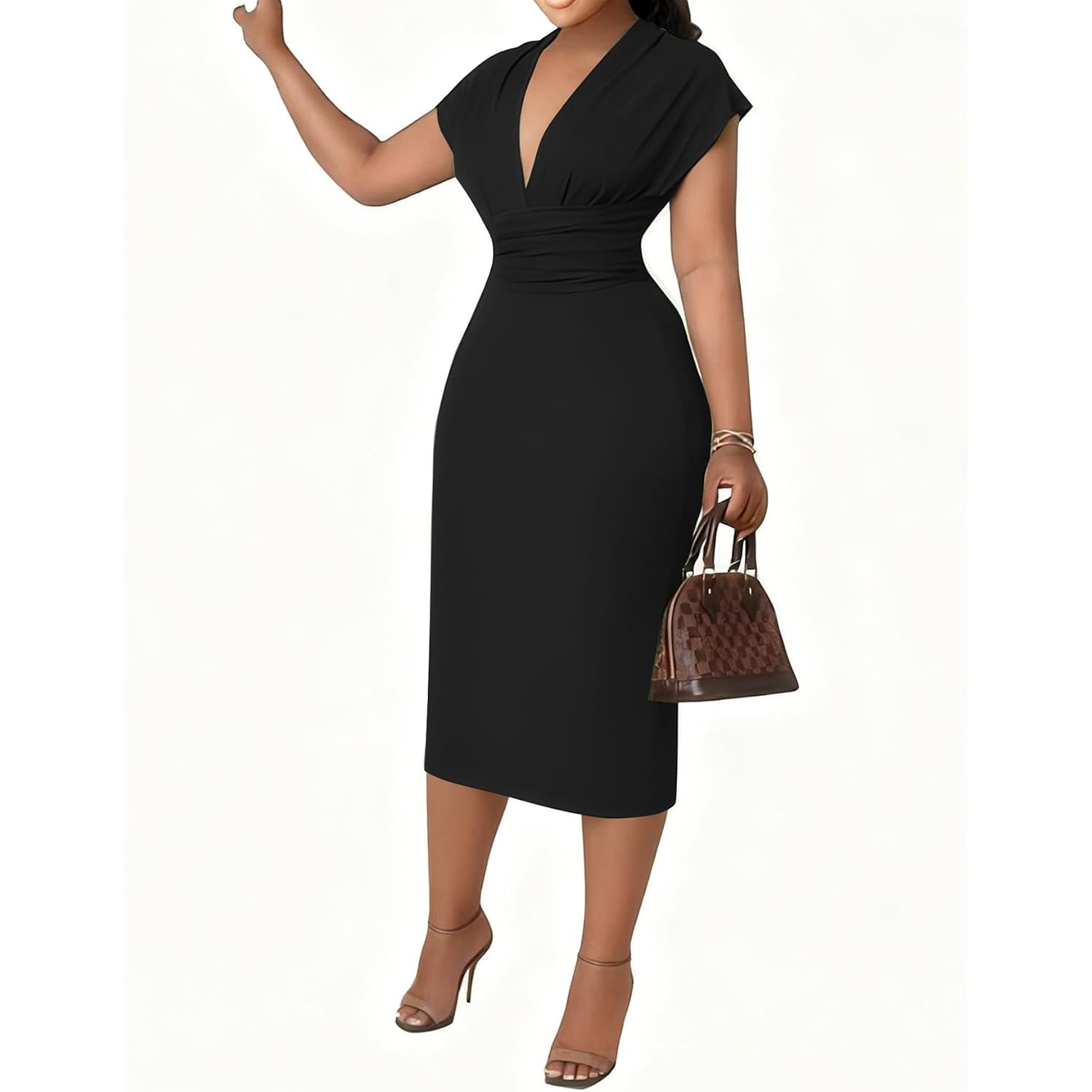 Women'S Bodycon Midi Dress Deep V-Neck Cap Sleeve Ruched High Waist Stretchy Dresses For Date Nights, Parties & Work