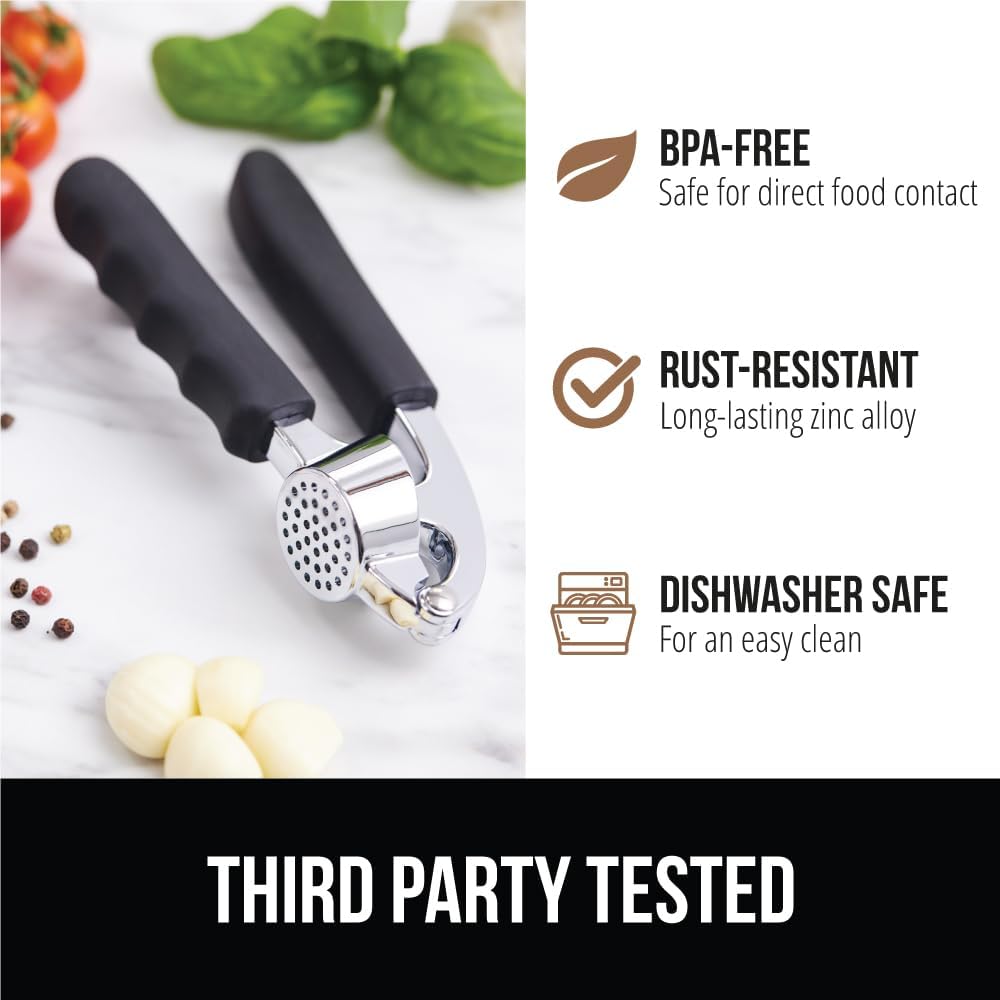 Gorilla Grip Garlic Press And Peel Set, Heavy Duty Mincer Tool, Large Ergonomic Handle, Easily Mince And Crush Garlics, Ginger, Nuts, Seeds, Peeler Included, Peeling Cloves, Kitchen Gadgets, Black
