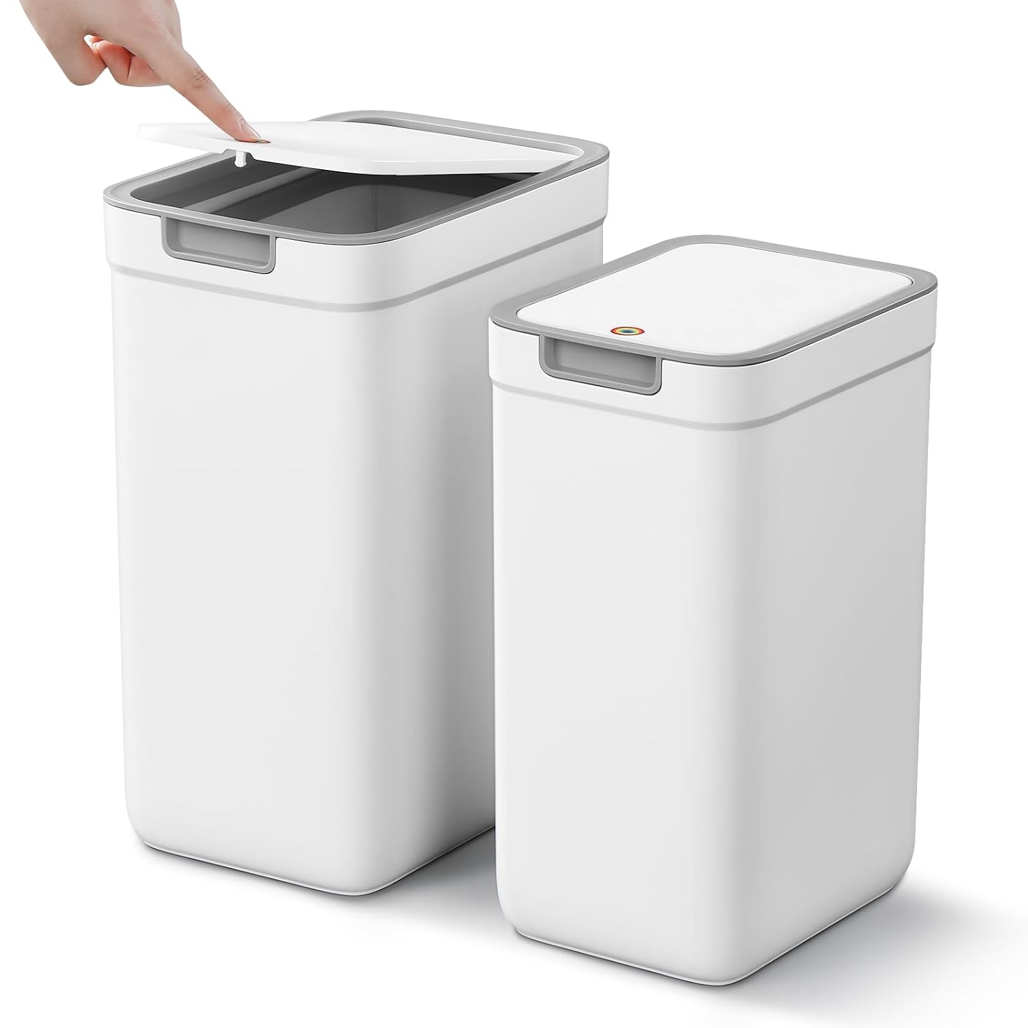 2 Pack Bathroom Trash Can With Lid, 3.6Gal + 2.5Gal Small Garbage Can Set With Pop-Up Lid, Slim Trash Bin Waste Basket For Toilet, Office, Bedroom, Living Room (White)