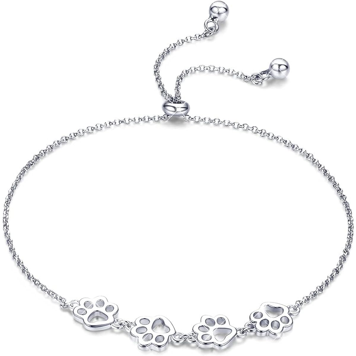BISAER 925 Sterling Silver Paw Print Charm Bracelet for Women Cute Cat Dog Paw Bracelet Adjustable Slider Bracelet for Dog Pet Lover Jewelry Gifts