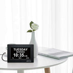 Ssya 7 Inch Calendar Clock - 12 Alarm Options, Level 5 Auto Dimmable Display,Extra Large Impaired Vision Digital Clock With Non-Abbreviated Day & Month (Black)