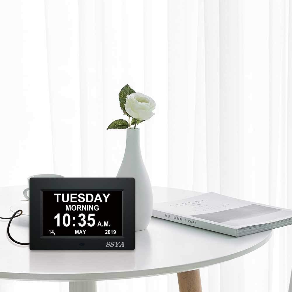 Ssya 7 Inch Calendar Clock - 12 Alarm Options, Level 5 Auto Dimmable Display,Extra Large Impaired Vision Digital Clock With Non-Abbreviated Day & Month (Black)