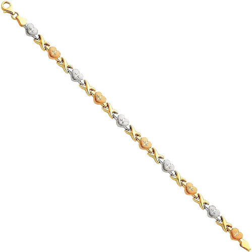 14k REAL Tri Color Gold Diamond Cut Stampato Heart Bracelet with Lobster Claw Clasp - 7.25"