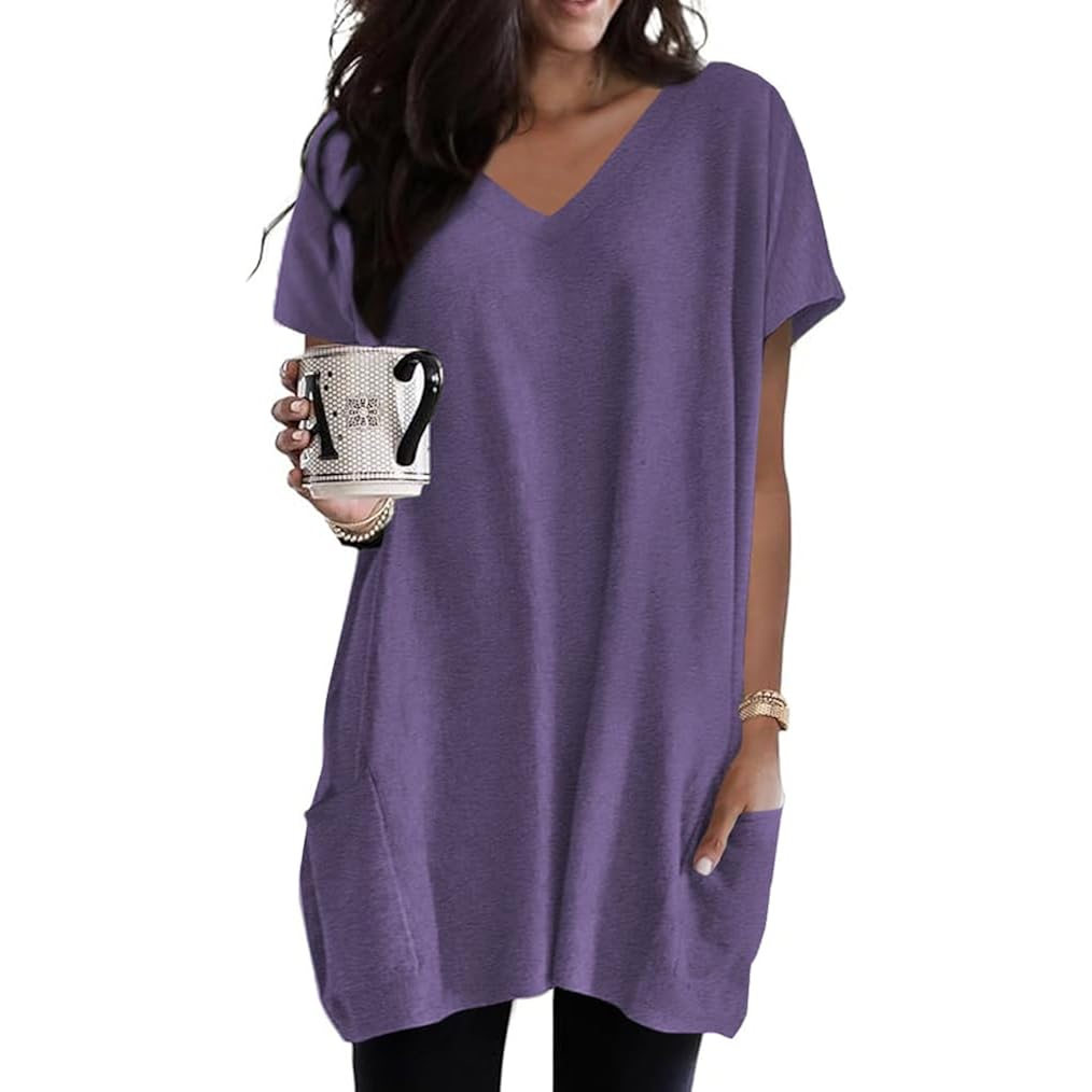 Summer Womens Tunic Tops for Leggings with Pockets Vneck Short Sleeve Casual Long T Shirts S-3XL