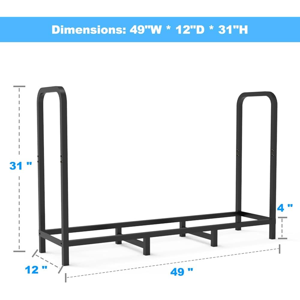 4Ft Firewood Rack Holder, Adjustable Heavy Duty Fire Log Stacker Stand For Fireplace, Outdoor Indoor Metal Wood Pile Storage Organizer, Patio Logs Stand Tool, Black