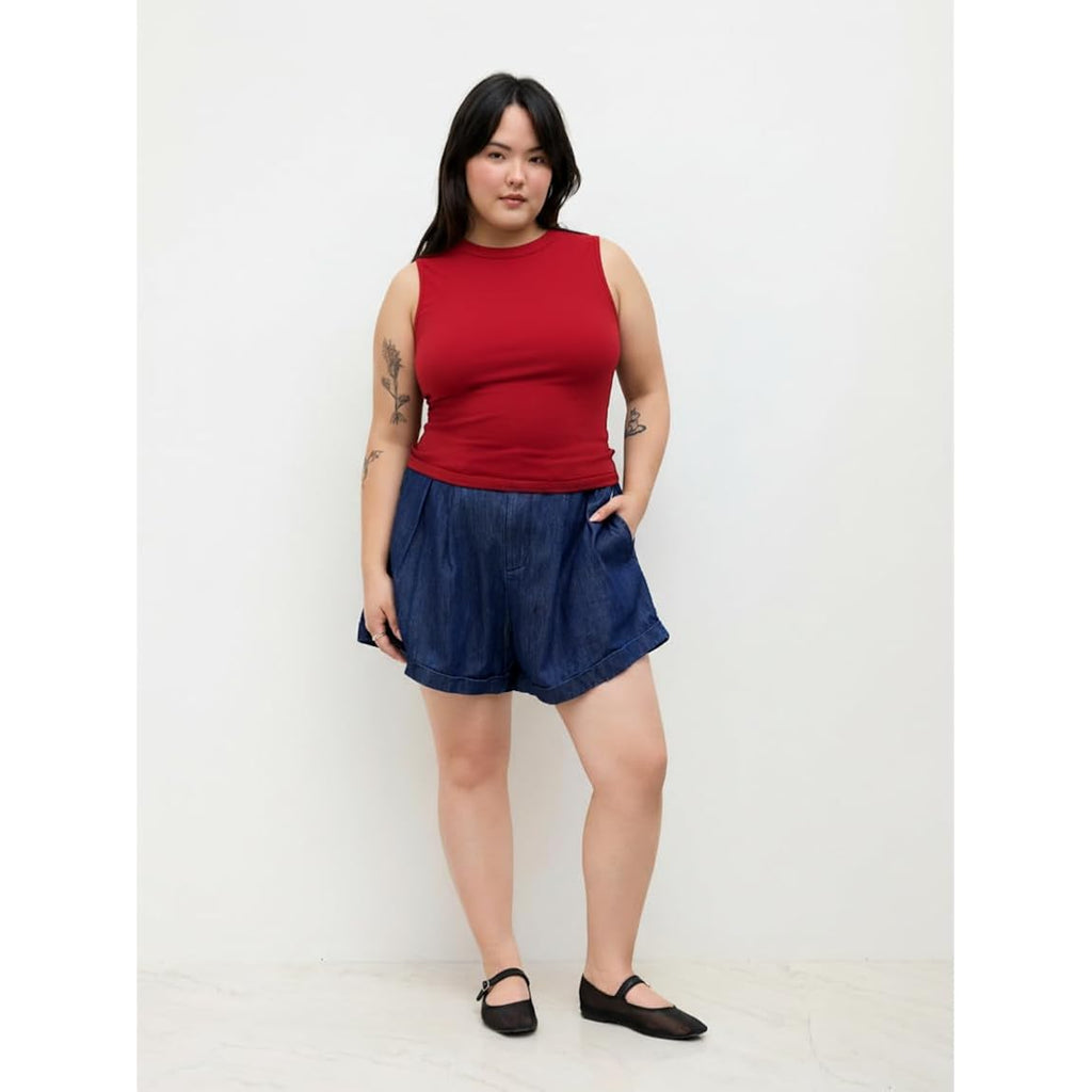 Cider Plus Size Tops For Women Sleeveless Ruched Crew Neck Crop Tank Top Summer Casual Outfits