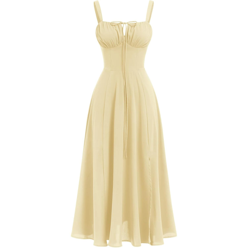 Abehik Women Floral Corset Dress Summer Dress 2026 Boho Flowy Slit Lace Up Midi Dresses Going Out A Line Casual Sundress
