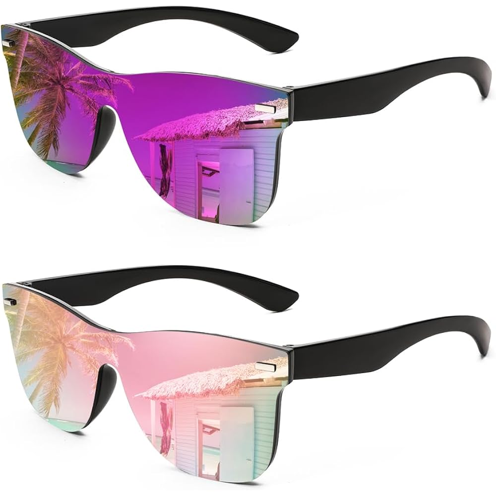 FEISEDY Trendy Rimless Mirrored One Piece Lens Sunglasses Reflective Sun Glasses B4114 (2 Pack)dark Purple Mirror & Pink Mirror