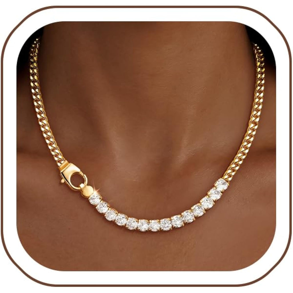 IMBOS 14K Gold Plated Chunky Chain Choker Necklaces for Women Chunky Gold Necklace Tennis Necklace for Women CZ Love Chain Cuban Link Choker Jewelry Gifts