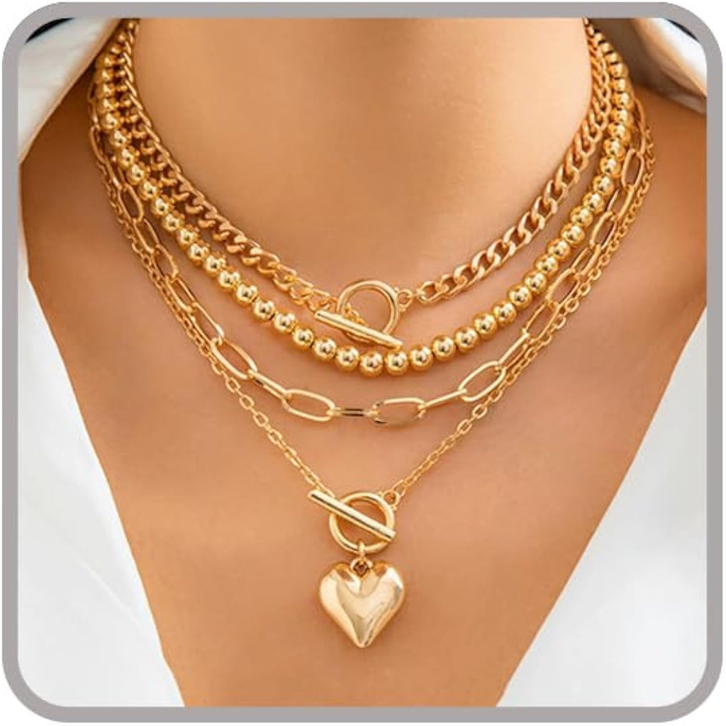 Otxas Layered Necklace for Women Non Tarnish Chunky Necklace Stack for Women Paperclip Chain Necklaces Retro Coin Medallion Heart Pendant Necklaces Chunky Jewelry Set