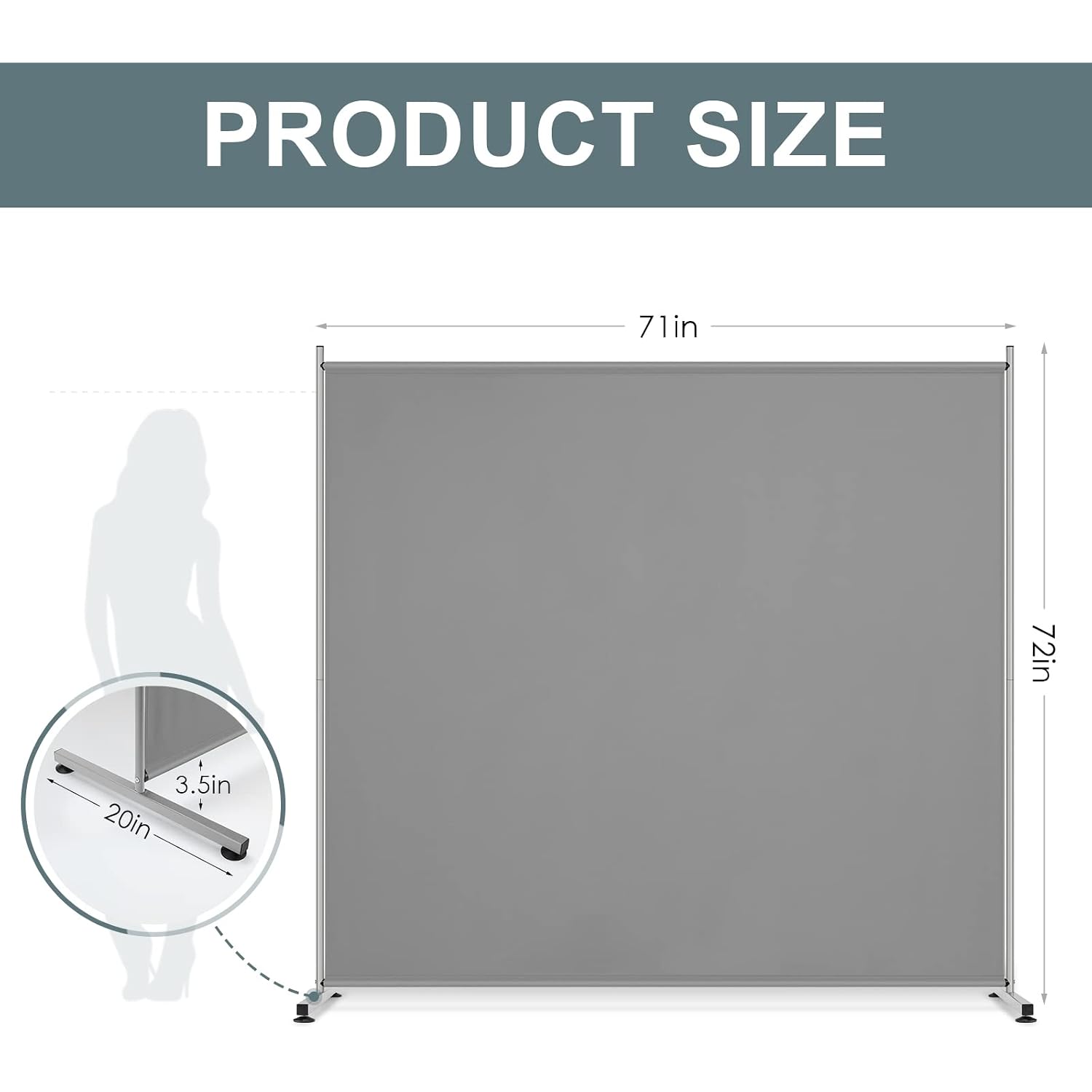 Rantila Single Large Panel Room Divider, Privacy Screen For Office, Partition Separators, Freestanding Divider 71''W X 69.5''H, Grey