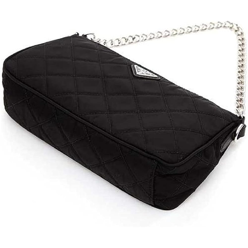 Prada Black Quilted Tessuto Nylon Chain Crossbody Bag Silver Hardware Adjustable Strap Zipper Closure Designer Shoulder Purse New