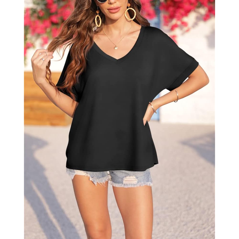 Langwyqu Women's Oversized T Shirts V Neck Short Sleeve Summer Casual Loose Tops Tees
