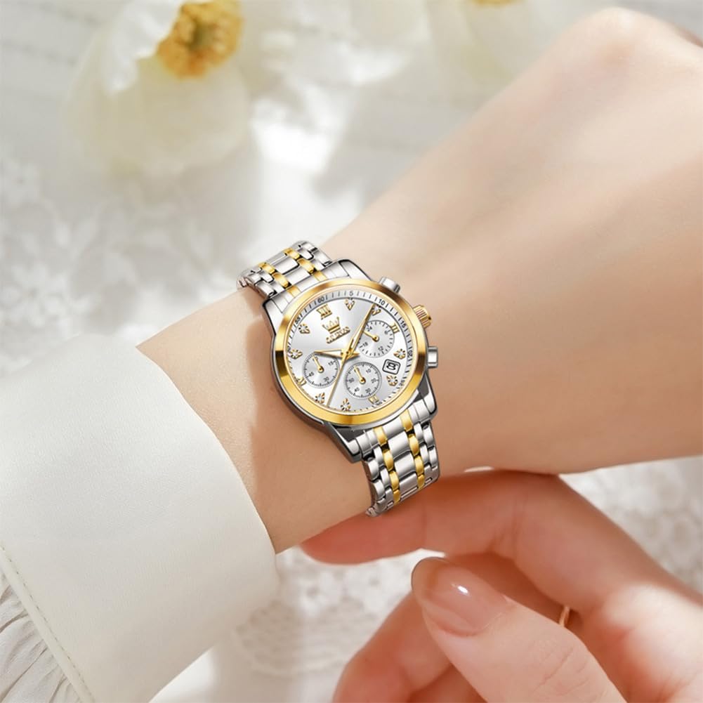 Olevs Women Watch Multifunctional Two Tone Watch Fashion Business Analog Quartz Ladies Watch Stainless Steel Waterproof Diamond Watch For Women