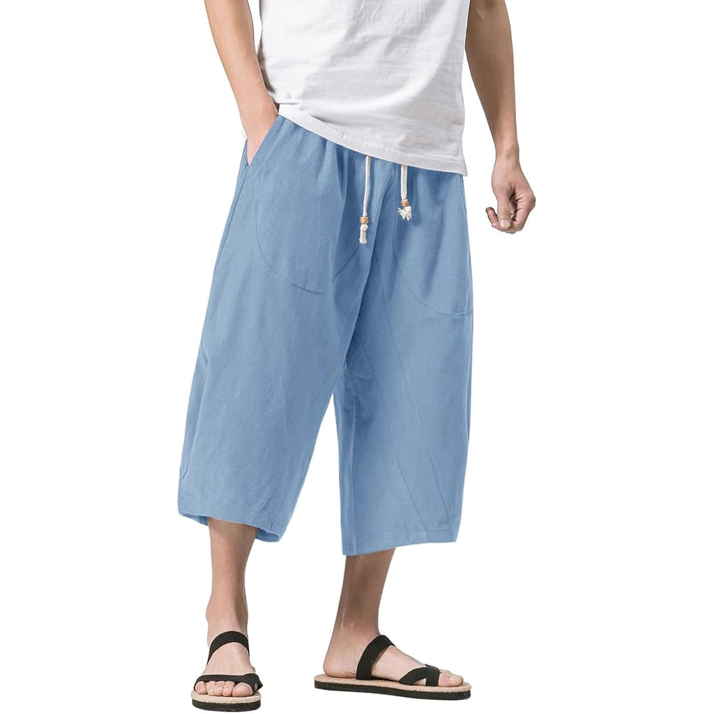 Magnivit Men'S Linen Cotton Capri Pants Loose Fit Elastic Waist Wide Leg Baggy Harem Pants