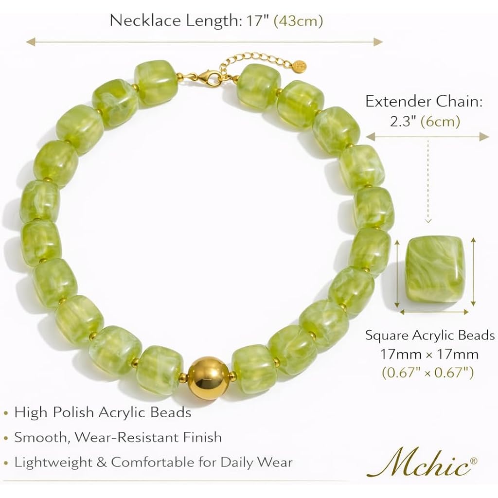 Mchic Colorful Beaded Choker Necklace for Women: Boho Large Square Acrylic Beaded Necklace Stainless Steel Adjustable Surfer Beach Strand Necklaces Summer Handmade Jewelry Gift for Women