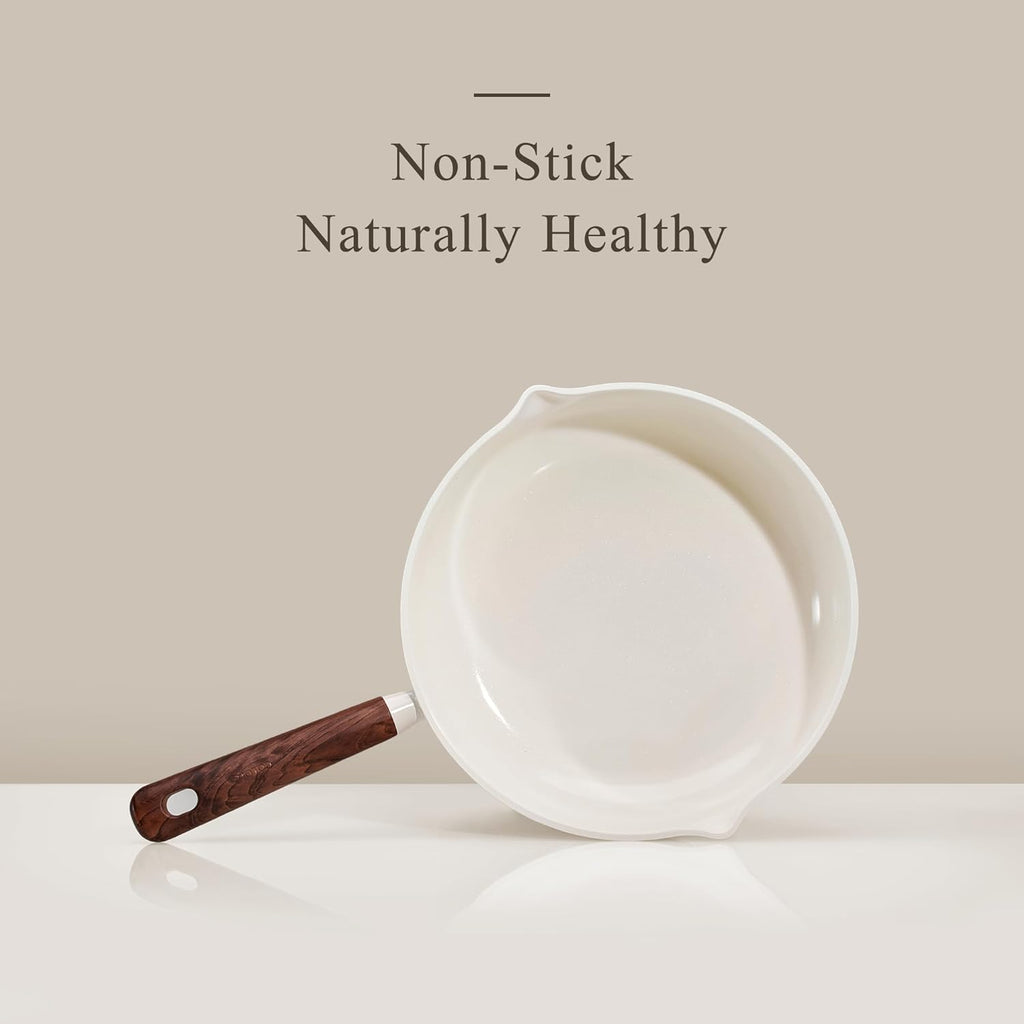CAROTE Nonstick Frying Pans Skillets, Ceramic Coating Non-Stick Frying Pans Set, 5 PCS, Non-toxic Healthy & PFOA Free, Induction Compatible, 8+9.5+11 Inch with Colander Lid and Spatula, Cream White