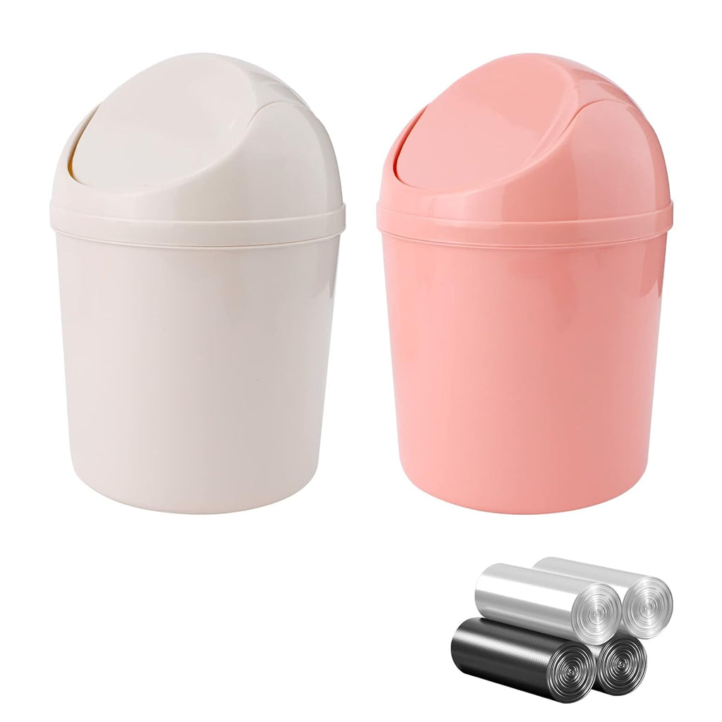 Sitake 2 Pcs Plastic Mini Wastebasket Trash Can With Swing Lid With 120 Trash Bags, Tiny Desktop Waste Garbage Bin For Home, Office, Kitchen, Vanity Tabletop, Bedroom, Bathroom (Pink + Beige)