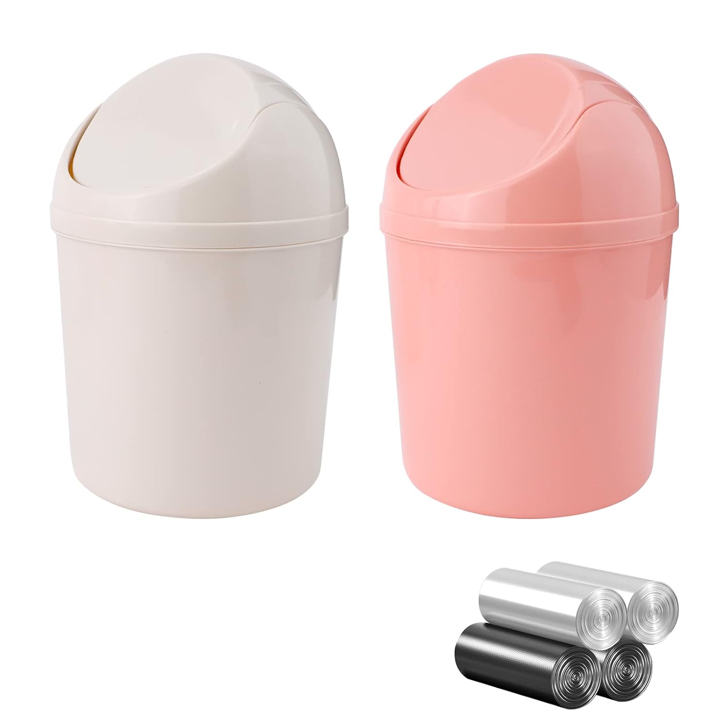 Sitake 2 Pcs Plastic Mini Wastebasket Trash Can With Swing Lid With 120 Trash Bags, Tiny Desktop Waste Garbage Bin For Home, Office, Kitchen, Vanity Tabletop, Bedroom, Bathroom (Pink + Beige)