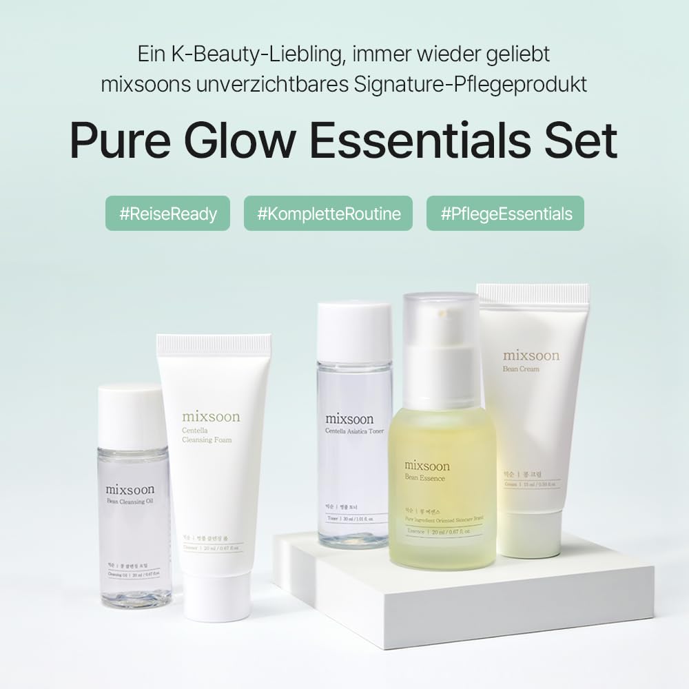 Mixsoon Pure Glow Essentials Set - 5-Step Skincare Kit - Travel Kit, Travel Size Kit, Hydrating Skincare Gift Set (15Ml*1+20Ml*3+30Ml*1) Korean Glass Skin Care