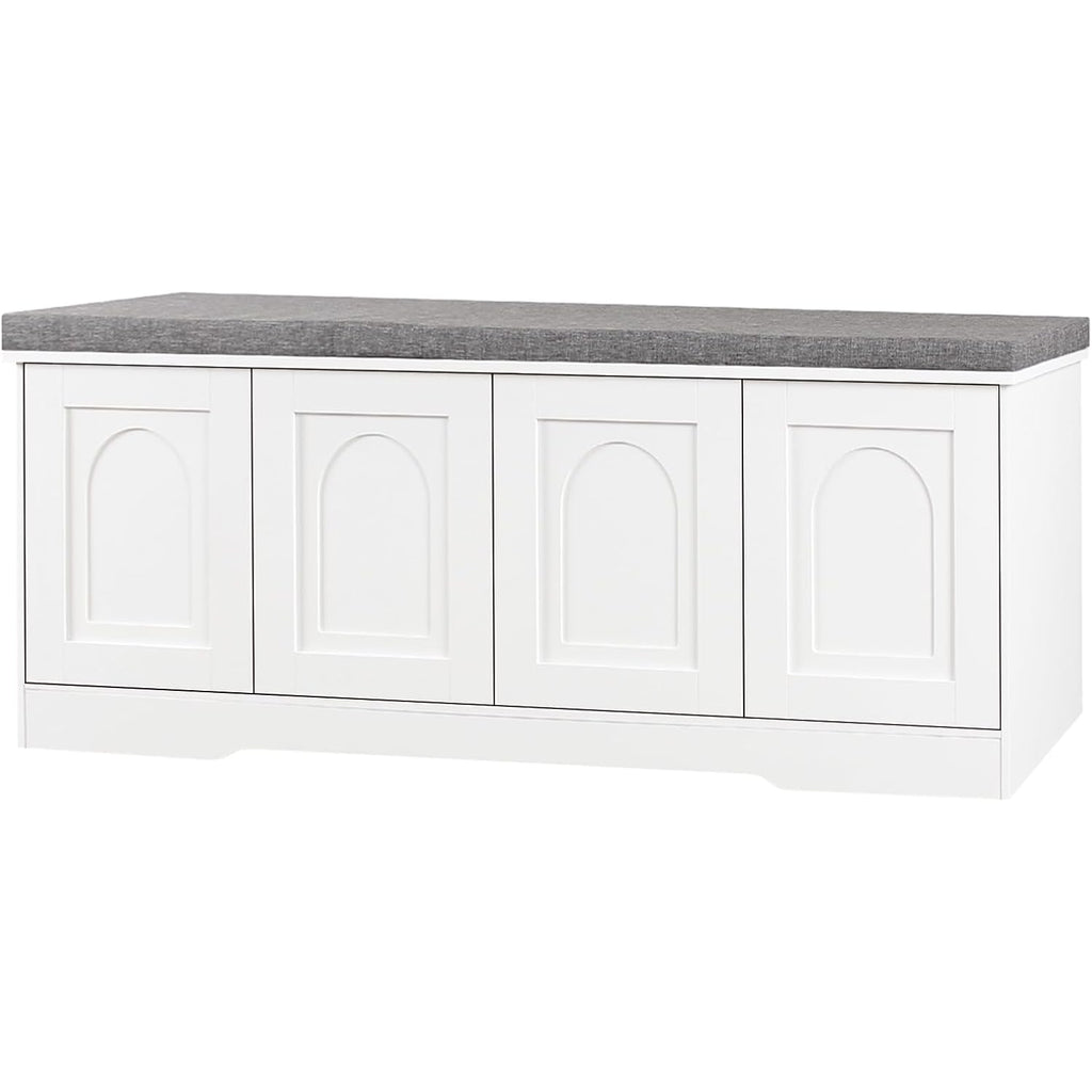 Shoe Bench, Entryway Storage Bench With Doors, Cushion, 2-Tier Shoe Rack With 8-Cubby, 47.2”L X 13.8”W Shoe Organizer Cabinet, Adjustable Shelf, Living Room, Bedroom, White