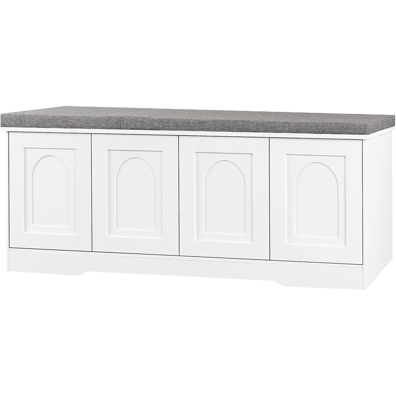 Shoe Bench, Entryway Storage Bench With Doors, Cushion, 2-Tier Shoe Rack With 8-Cubby, 47.2”L X 13.8”W Shoe Organizer Cabinet, Adjustable Shelf, Living Room, Bedroom, White