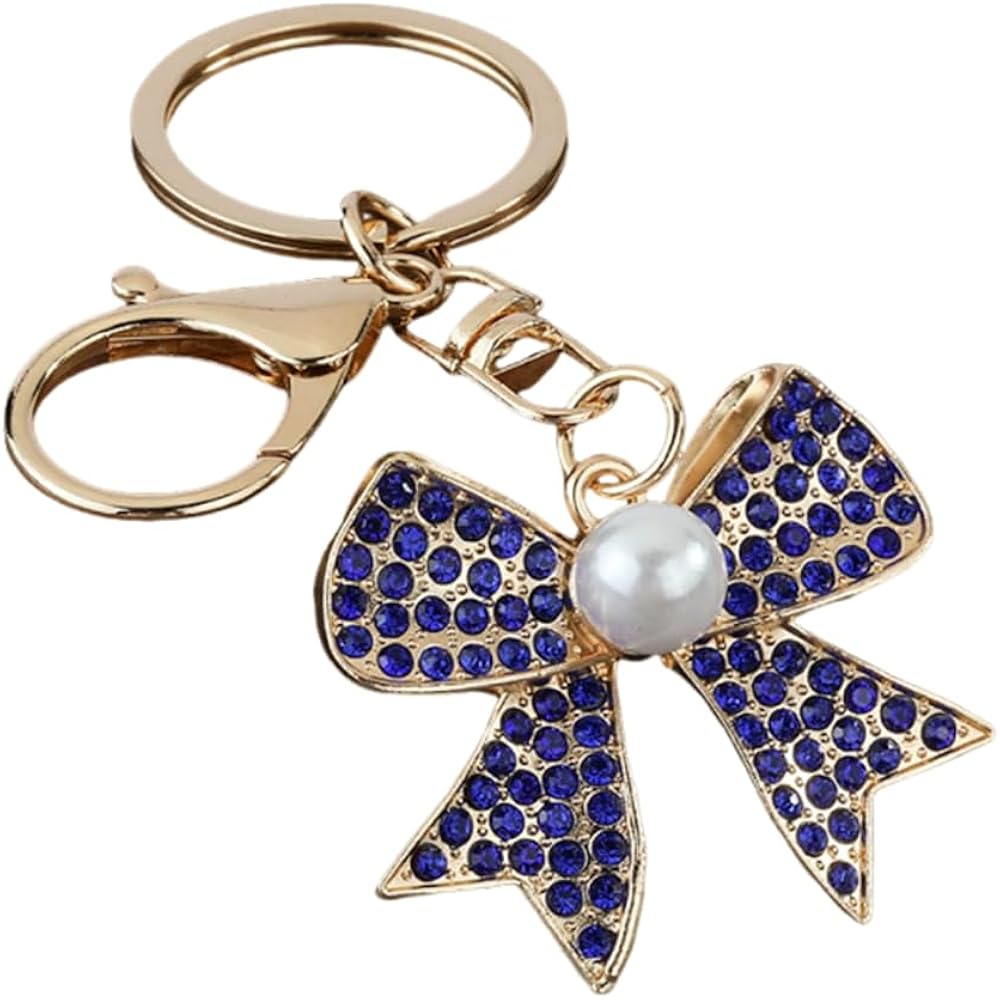 Rhinestone Bow Keychain with Pearl Accent, Sparkly Bow Charm for Purse/Backpack, Cute Key Ring Holder for Women