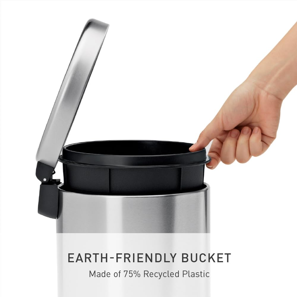 simplehuman Round Step Can, 4.5L / 1.2 Gallon Compact Bathroom Trash Can, 150,000-Step Pedal, Lid Shox® Silent Close, Removable Inner Bucket, Brushed Stainless Steel