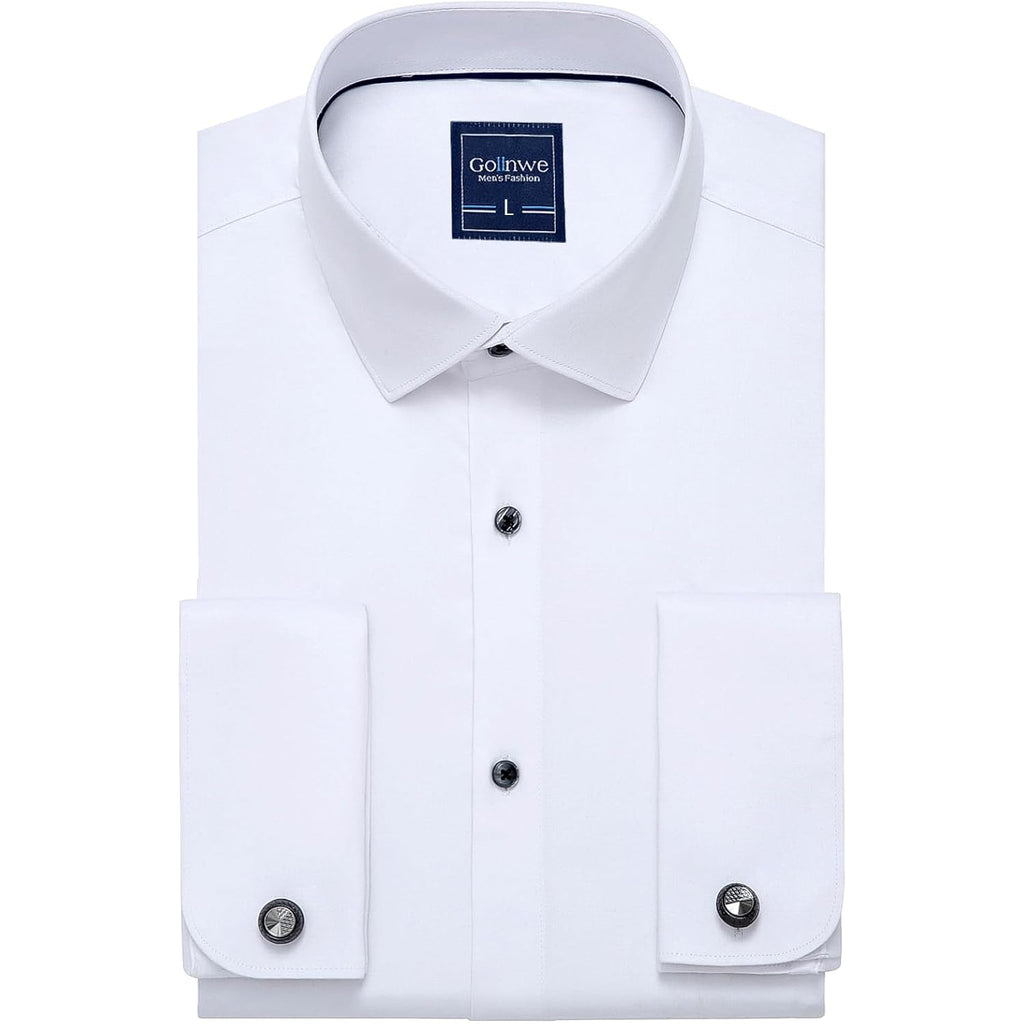 Gollnwe Men'S Dress Shirt French Cuff Shirt For Men Slim Fit Stretch Spread Collar With Metal Cufflink