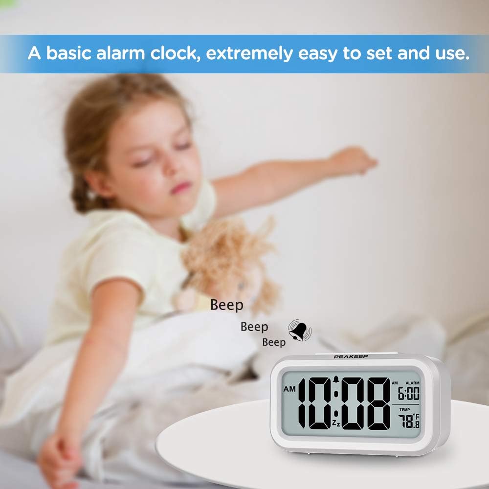 Peakeep Night Light Digital Alarm Clock Battery Operated Indoor Temperature | Small Cordless Cute Clock For Bedroom Desk Travel, Simple To Use For Teens Kids (White)