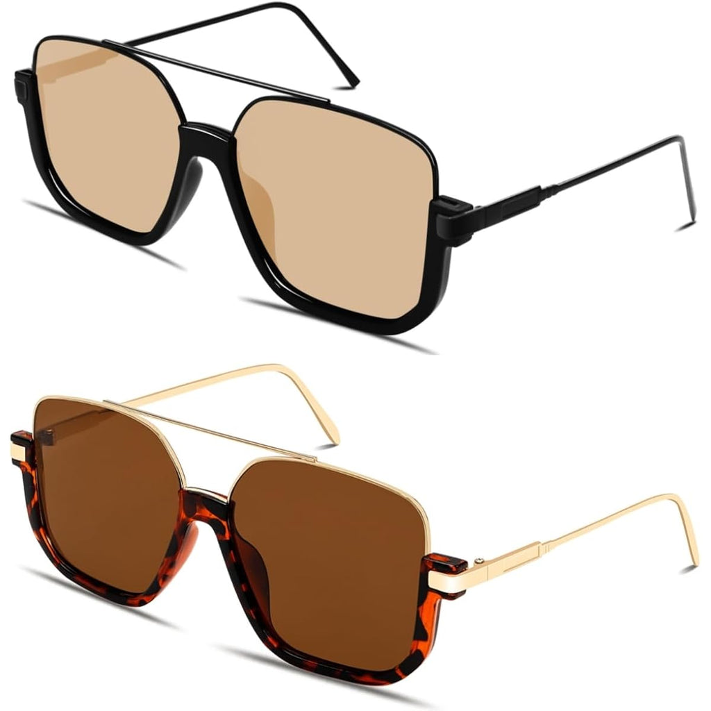 Guvivi Retro Oversized Aviator Sunglasses For Women Men Square Double Bridge Pilot Sun Glasses 70S Trendy Shades