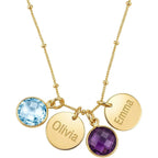 Personalized Birthstone Disc Necklace for Mom or Grandma, Custom Engraved Family Necklace with Names and Birthstones, 13mm Disc Charms with 10mm Round Stones, Gift for Mother, Grandmother, Nana