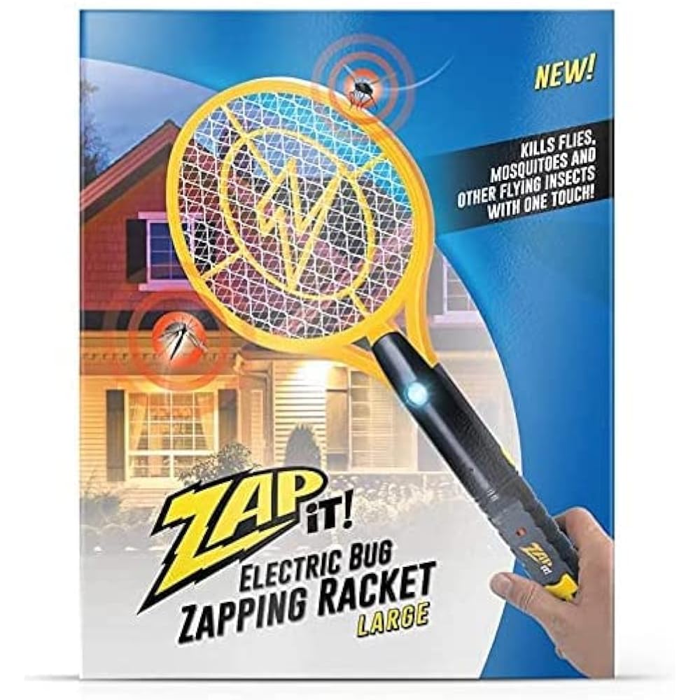 Zap It! Rechargeable Electric Fly Swatter Racket - 4,000-Volt Mosquito Zapper With Usb Charging Cable And Super-Bright Led Light -Large- Safe 3-Layer Mesh, Yellow, Bug Zapper For Indoors And Outdoors