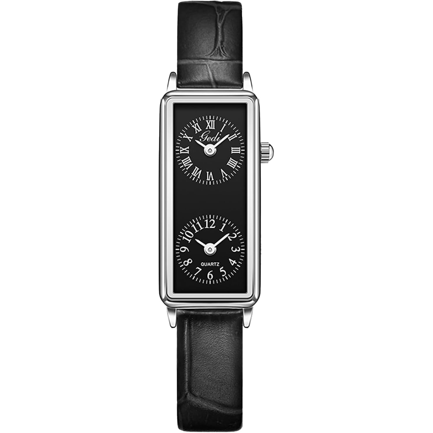 Gosasa Women’s Vintage Rectangle Watch Dual Time Zone Waterproof Ladies Quartz Analog Watch for Small Wrist with Two Dials, Roman & Arabic Numerals, Leather Strap for Travel & Business