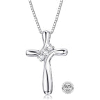 FUNRUN JEWELRY 925 Sterling Silver Cross Necklace for Women 3 Stone Cubic Zirconia Silver Cross Pendant Necklaces with 1 MM Box Chain,18 Inches