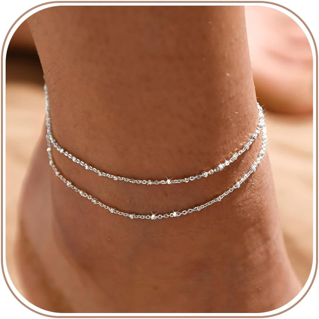 MIDEEO Gold/Silver Ankle Bracelets for Women,14K Gold Anklets for Women Waterproof Cuban Link Heart Beads Herringbone Rhinestone Anklets Set Layered Anklet Bracelets for Women Gold Jewelry Gift