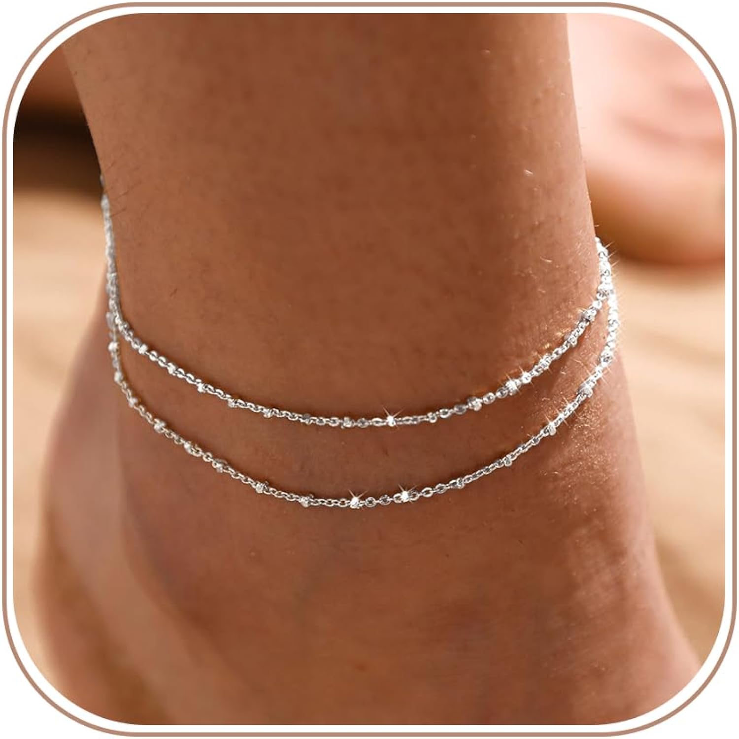 MIDEEO Gold/Silver Ankle Bracelets for Women,14K Gold Anklets for Women Waterproof Cuban Link Heart Beads Herringbone Rhinestone Anklets Set Layered Anklet Bracelets for Women Gold Jewelry Gift