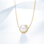 Pearl Necklace Yellow Gold 9K/14K/18K for Women, Elegant Moon Collier Necklace Real Gold with 7.5-8mm Saltwater Pearl and Diamonds