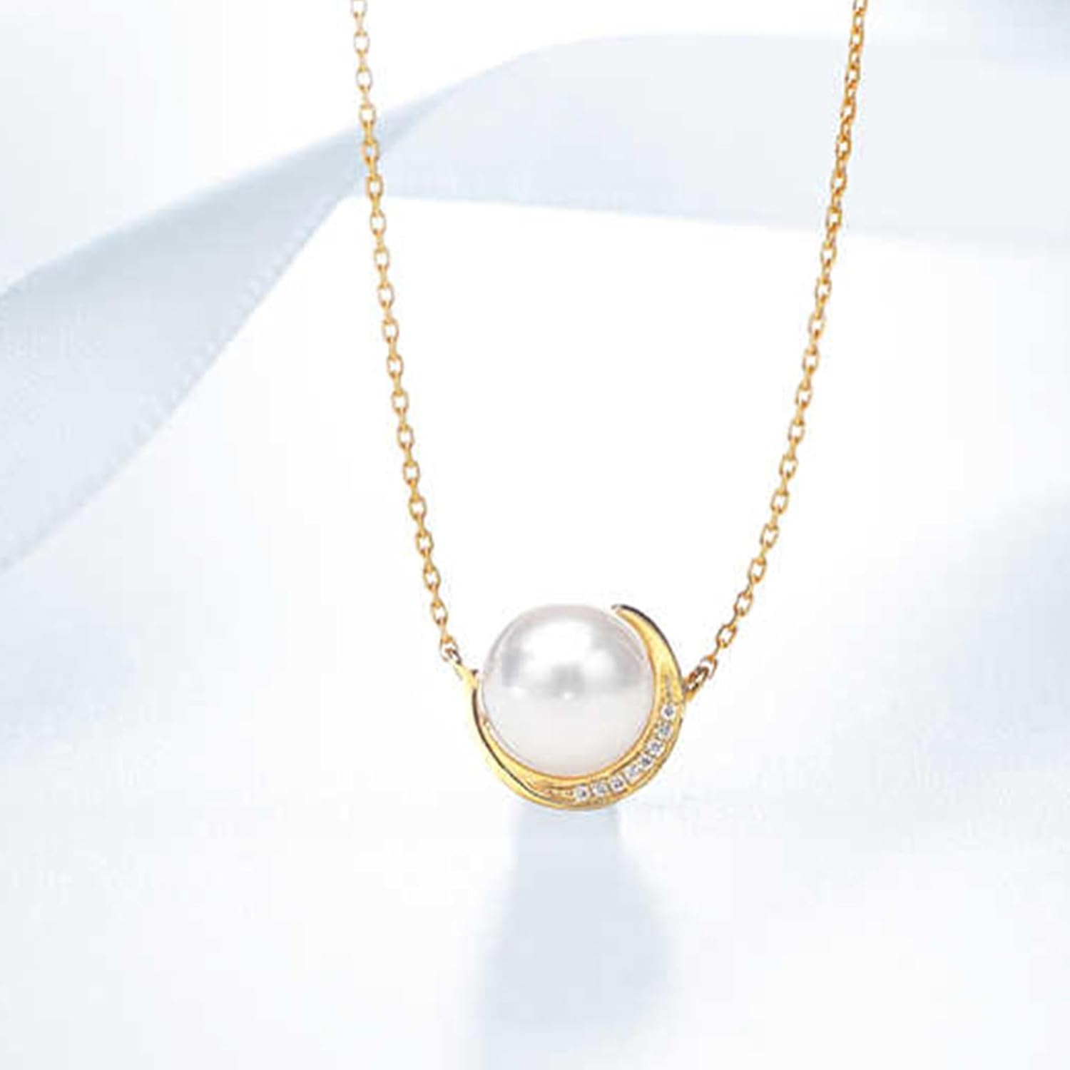 Pearl Necklace Yellow Gold 9K/14K/18K for Women, Elegant Moon Collier Necklace Real Gold with 7.5-8mm Saltwater Pearl and Diamonds