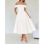 Zesica Summer 2026 Cocktail Dresses For Women'S Off Shoulder Short Sleeve Swing A Line Wedding Evening Party Midi Dress