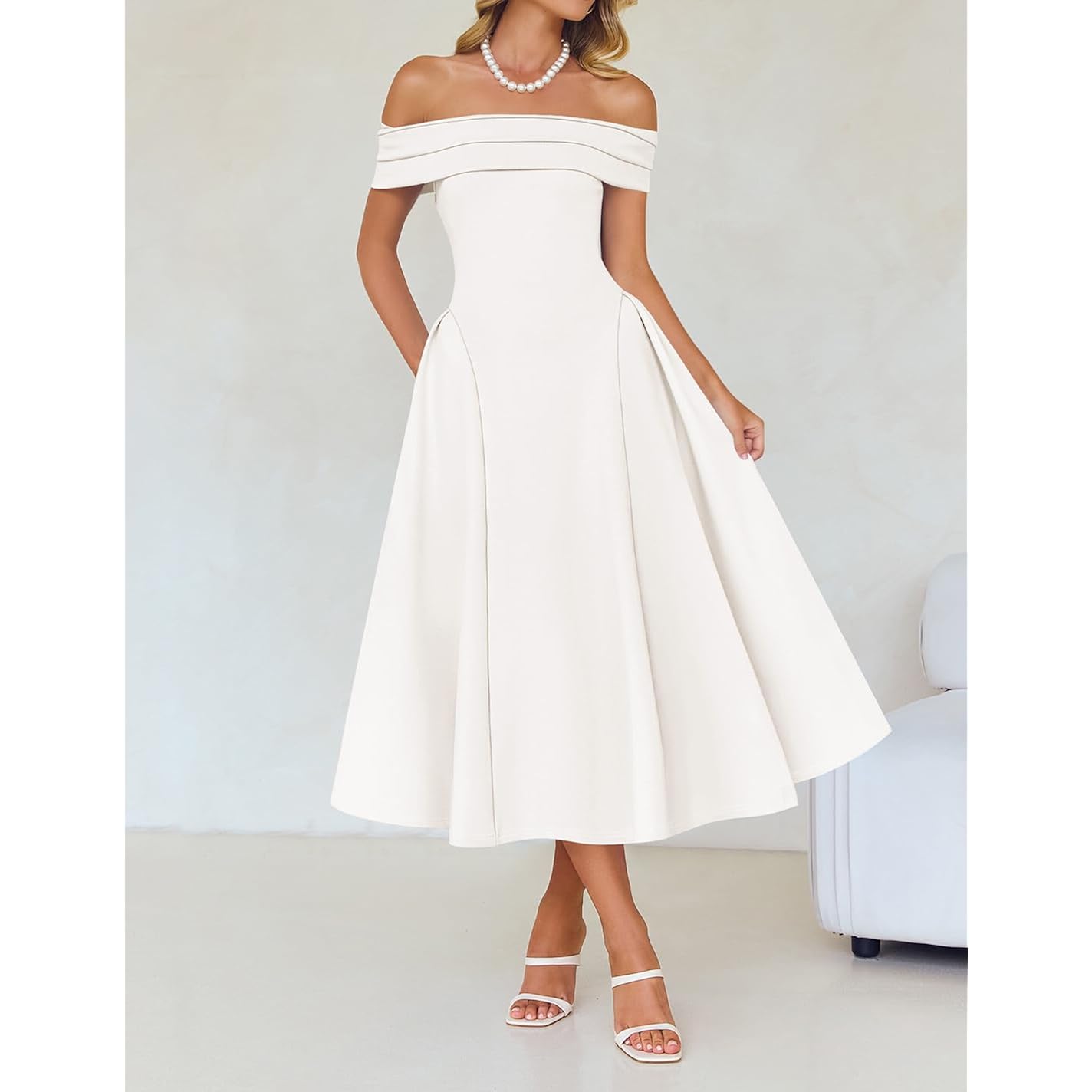 Zesica Summer 2026 Cocktail Dresses For Women'S Off Shoulder Short Sleeve Swing A Line Wedding Evening Party Midi Dress