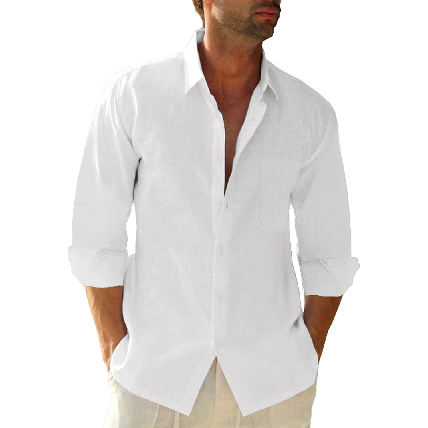 Jekaoyi Button Down Linen Shirts For Men Casual Long Sleeve Regular Fit Cotton Beach Shirts With Pocket