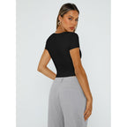Double Lined Short Sleeve Tshirts for Women Square Neck Cute Crop Top Spring Summer Basic Tees Workout Going Out