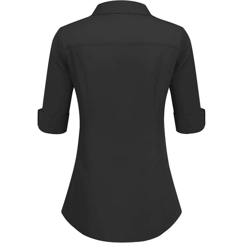 Womens 3/4 Sleeve Button Down Shirt Slim Fit Work Blouses Cotton Dress Shirts Office Tops